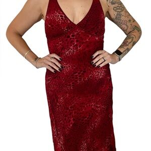 Betsey Johnson Vintage Red Leopard Cocktail Dress, Y2K, Size 10 (L) Mermaid Hem